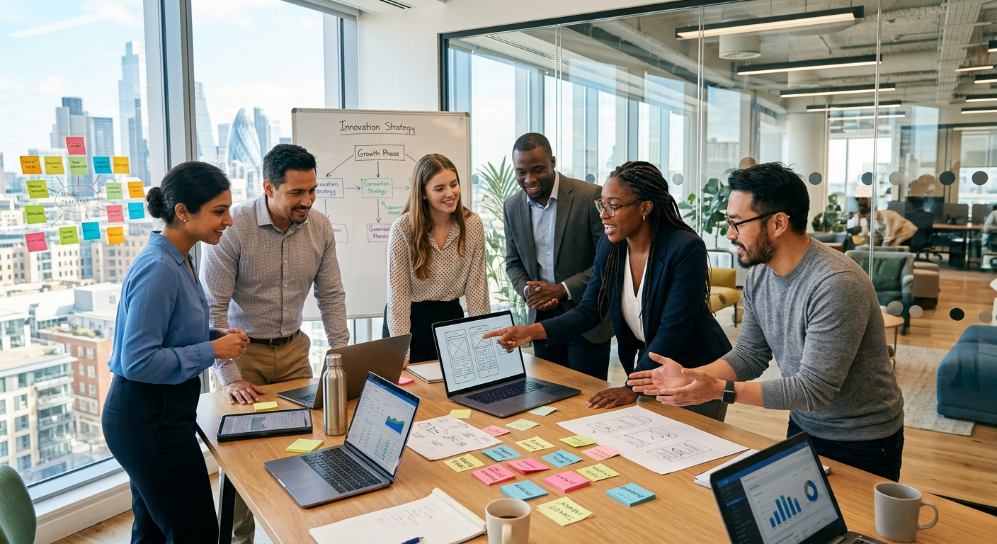 A diverse group of modern professionals collaborating in a bright, sunlit office with a glass wall. The image should convey innovation, teamwork, and strategic planning. Style: Authentic, high-resolution corporate photography with a warm, optimistic mood.