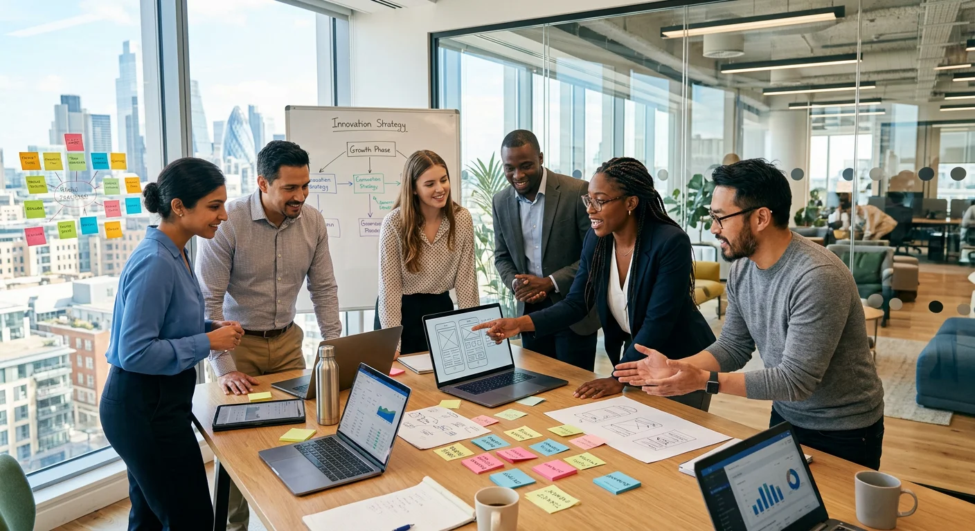 A diverse group of modern professionals collaborating in a bright, sunlit office with a glass wall. The image should convey innovation, teamwork, and strategic planning. Style: Authentic, high-resolution corporate photography with a warm, optimistic mood.