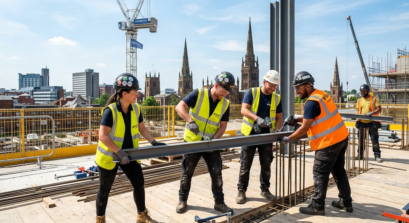A professional, high-energy photograph of construction labourers working collaboratively on a Coventry building site, showcasing teamwork, safety gear, and the local cityscape in the background. Modern, bright, and engaging style.