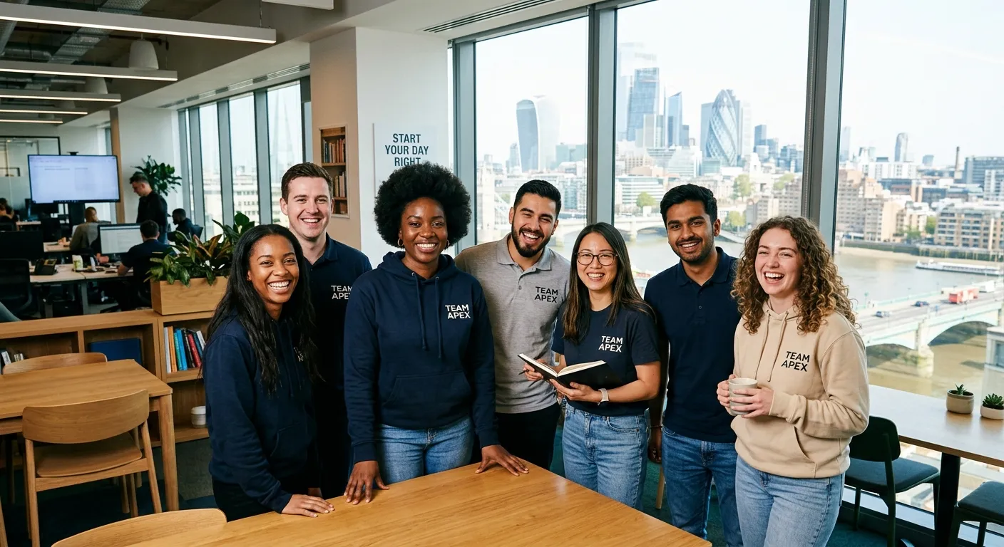 A diverse group of enthusiastic people in casual workwear, smiling and gathered in a modern city workplace setting, looking ready to start a shift, with city landmarks subtly visible through a window. Professional and uplifting mood.