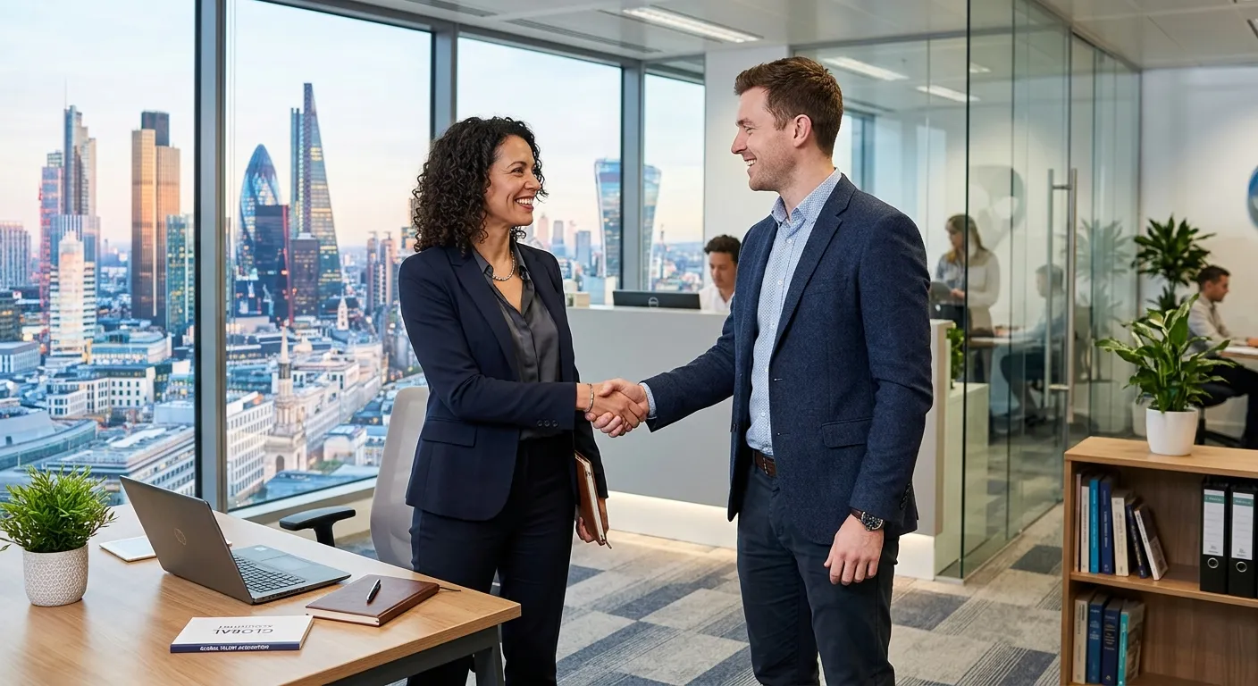 Professional, confident recruitment consultant in a modern office, shaking hands with a candidate in smart-casual attire. Background shows a city skyline. Style: Authentic, bright, professional photography.
