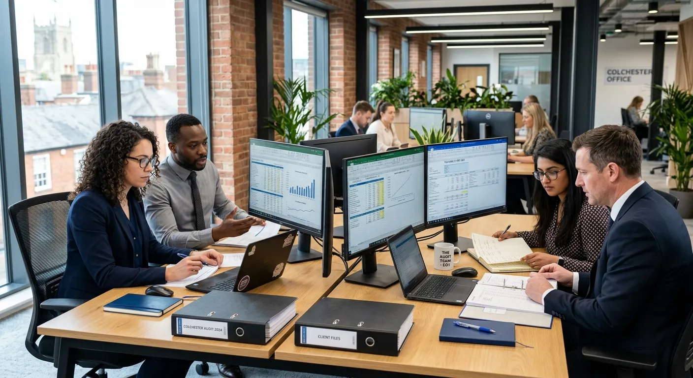 A professional, diverse team of auditors in a modern office in Colchester (CO1), reviewing financial documents on dual monitors, looking focused and collaborative. The mood is competent, trustworthy, and efficient.