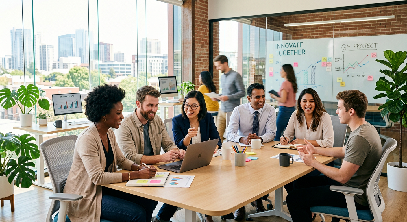 A diverse, professional team of employees collaborating in a modern, sunlit office environment, looking engaged and productive. Style: Professional corporate photography, vibrant and aspirational.