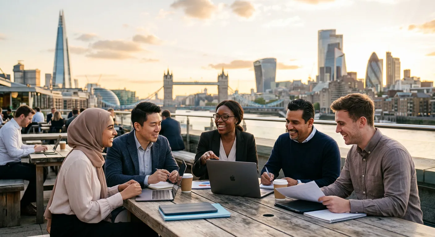 A diverse group of professional job workers in city, smiling and engaged in their work, with prominent city landmarks visible in the background. Modern, professional photography style with warm lighting.