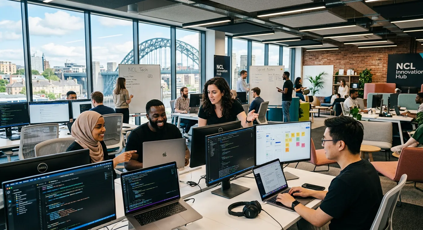 A modern, vibrant office in Newcastle with diverse IT professionals collaborating on computers and digital screens, showcasing the city's tech sector energy