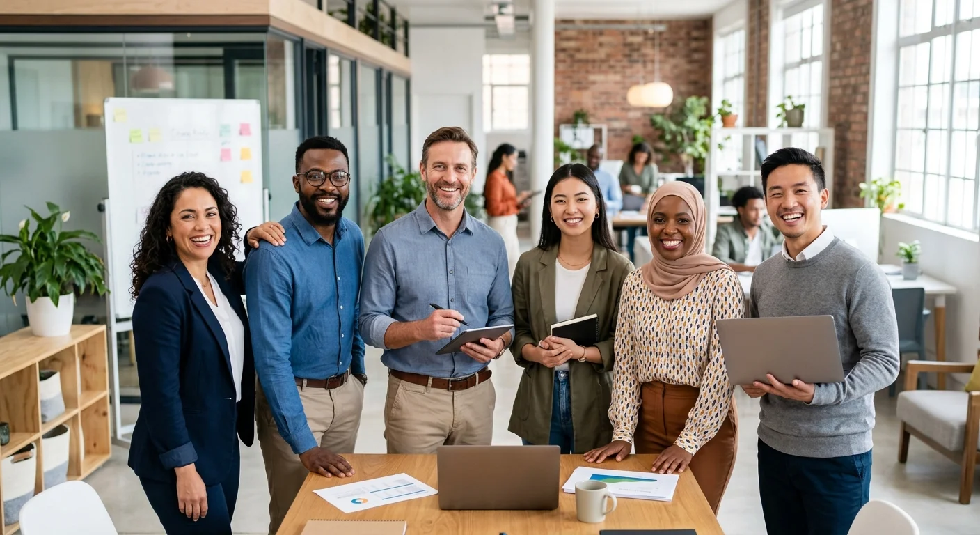A diverse group of motivated, modern professionals smiling confidently in a bright, open-plan office... A diverse group of motivated, modern professionals smiling confidently in a bright, open-plan office or workshop setting, looking engaged and ready to work. Style: Authentic, high-resolution, professional stock photo.