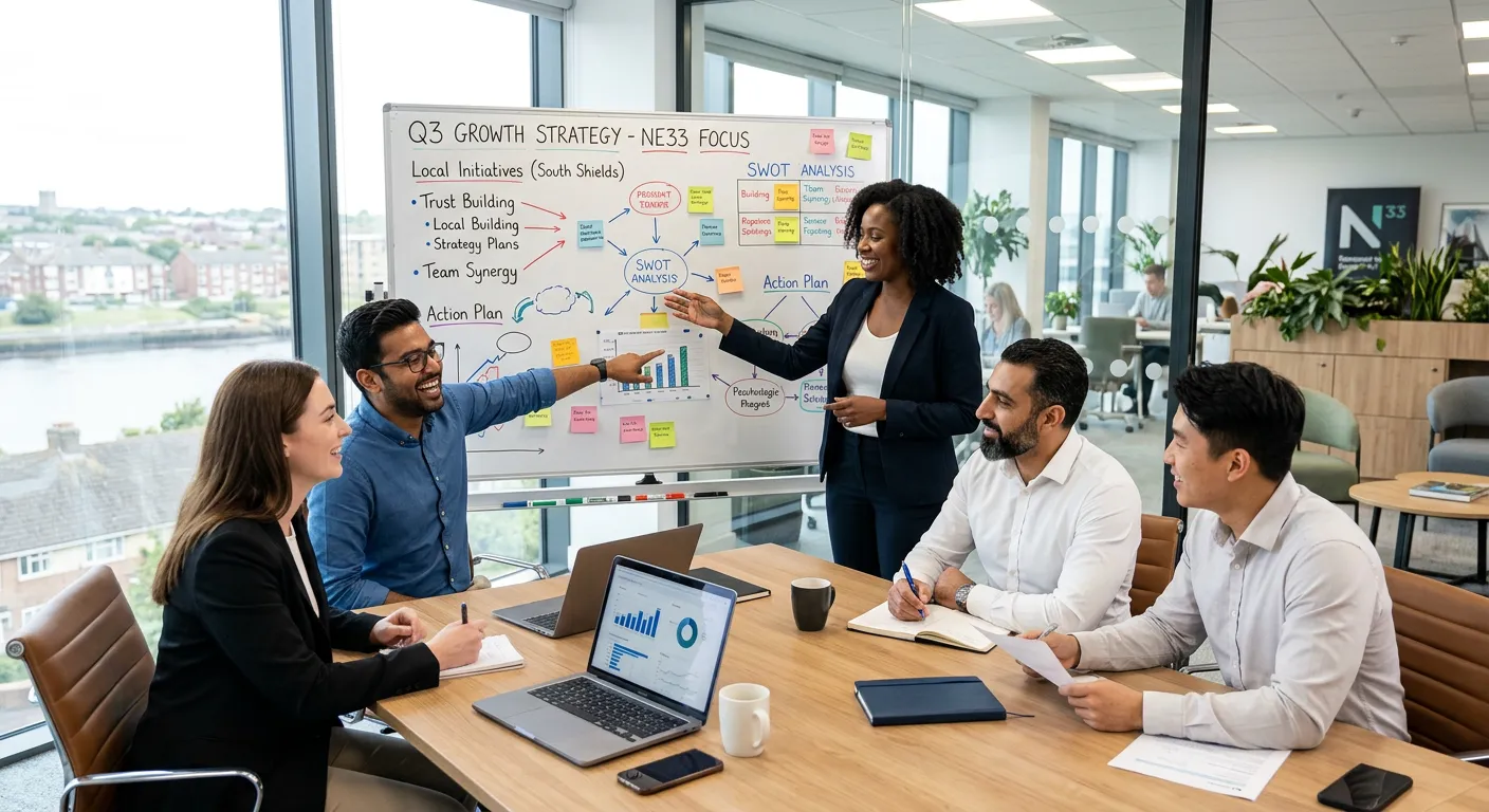 A professional, diverse team collaborating in a modern, bright office environment in the NE33 area,... A professional, diverse team collaborating in a modern, bright office environment in the NE33 area, focused on a strategy meeting, conveying trust and teamwork.