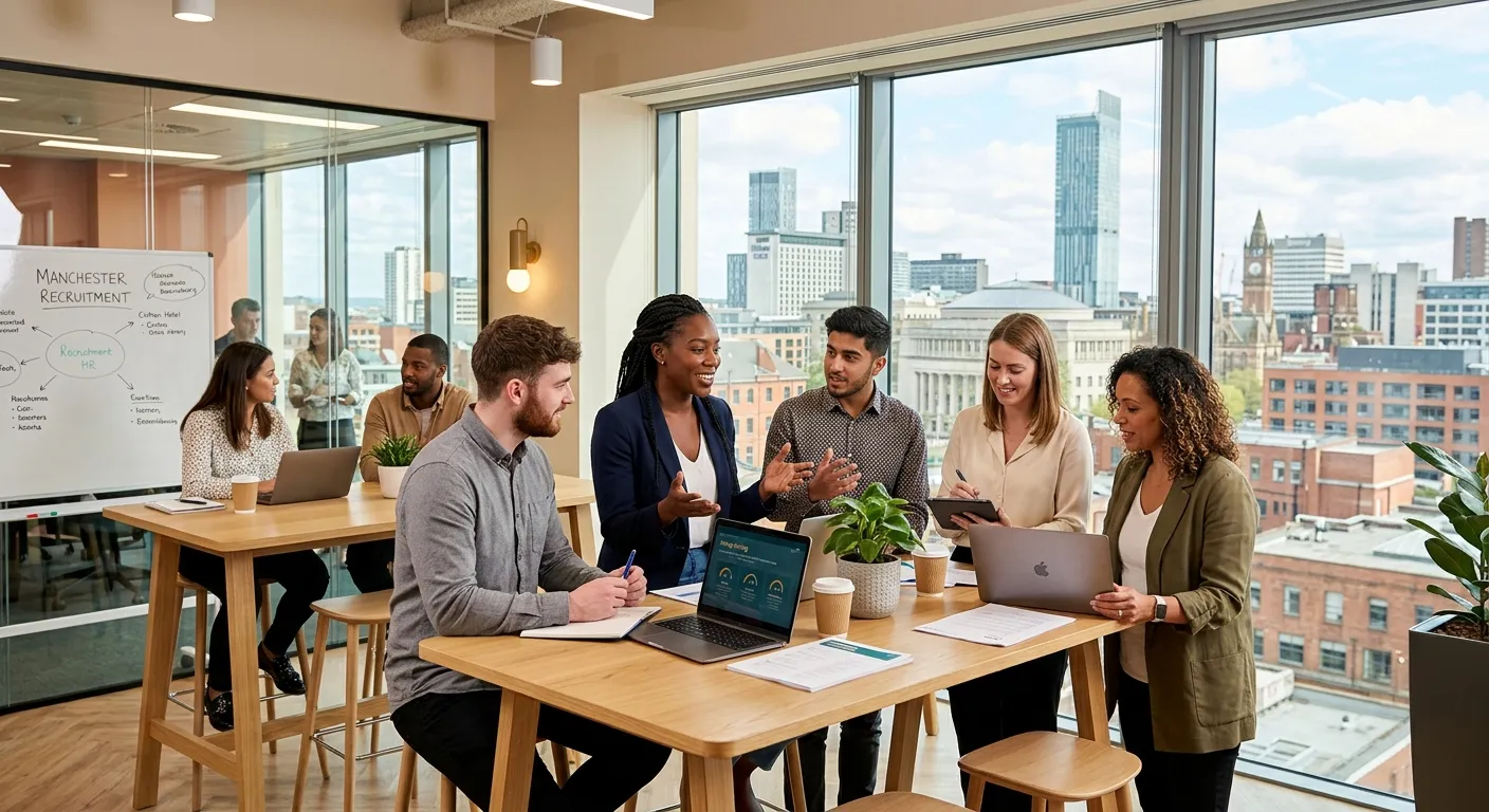 Professional, dynamic hero image showing a diverse group of recruitment consultants and HR professionals collaborating in a modern Manchester office setting, with the Manchester skyline visible through the windows. Style: Bright, energetic, professional.
