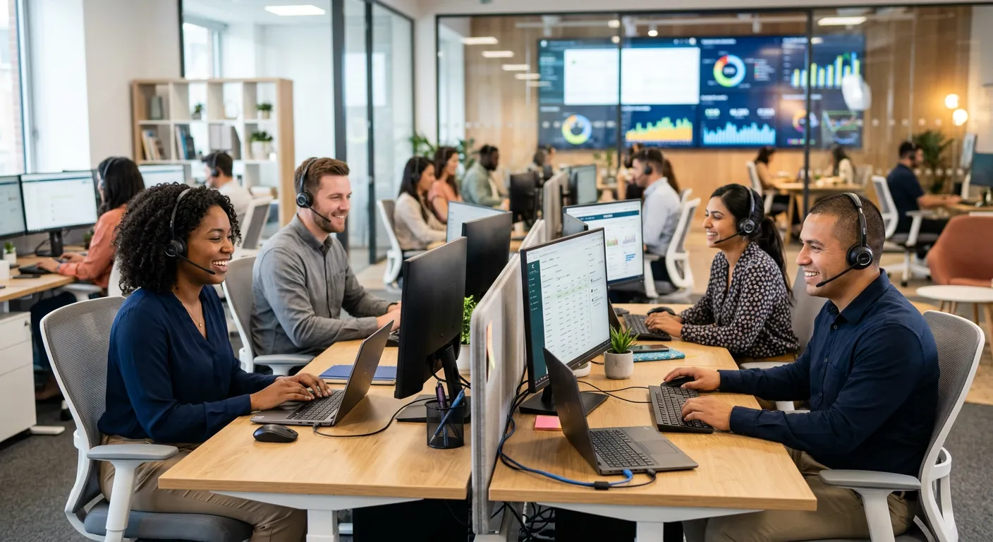 A diverse, professional team of customer service agents in a modern contact centre, smiling and wearing headsets, with a blurred background of screens and data visualizations. Professional, bright, and energetic mood.