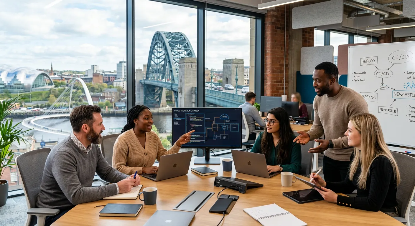A professional, diverse group of IT professionals collaborating in a modern Newcastle office setting, with iconic cityscape views like the Tyne Bridge visible through the windows. Style: Bright, professional, and engaging.