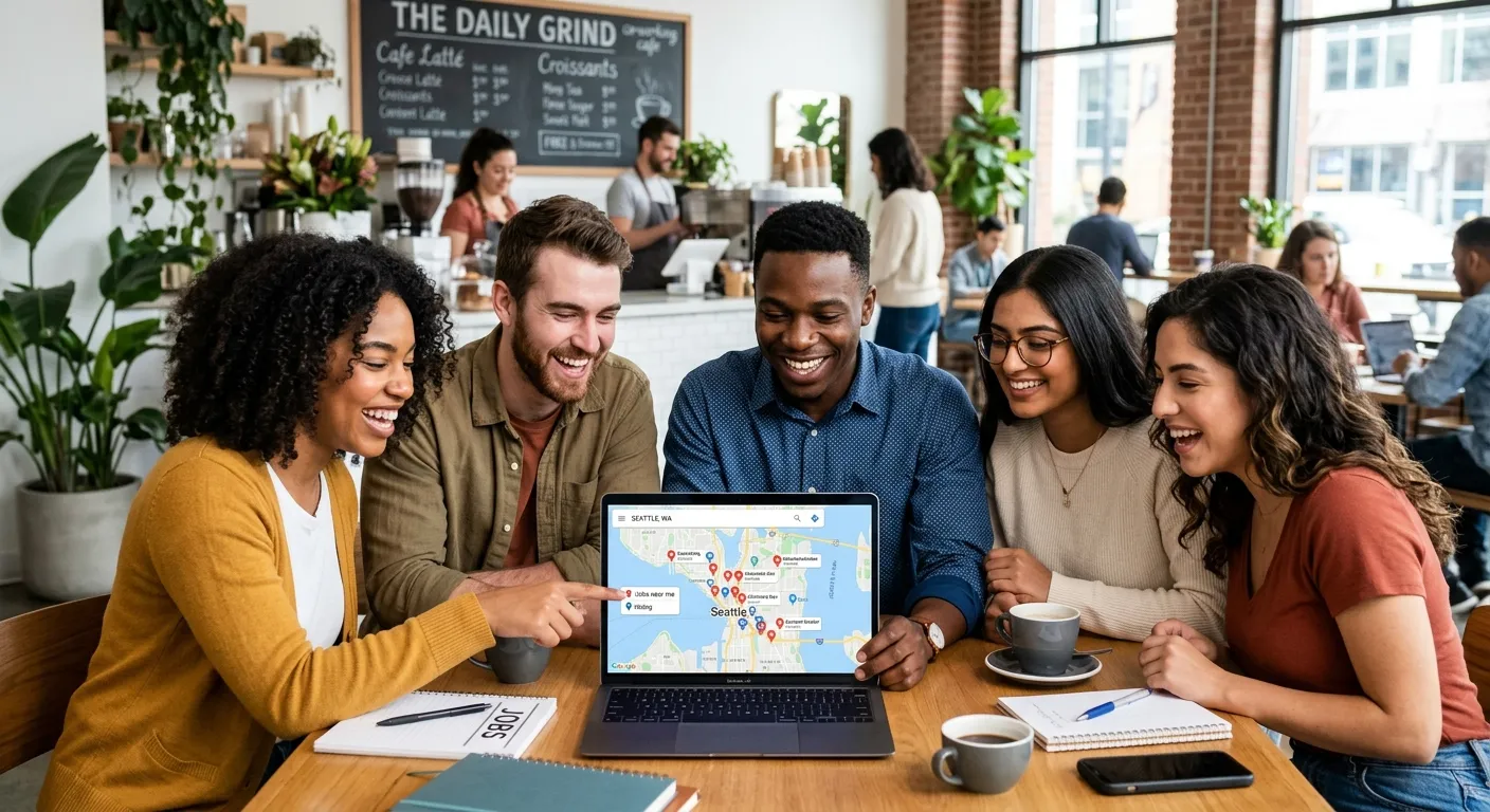 A diverse group of enthusiastic young adults in casual work attire, smiling and looking at a laptop screen showing a map with 'jobs near me' pins. Style: Modern, bright, and aspirational office/coffee shop setting.