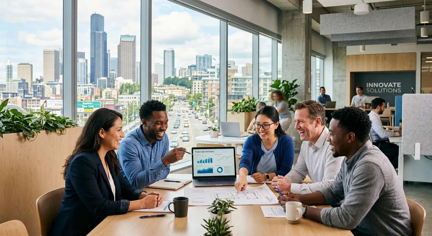 Professional photo showing diverse team of workers in a modern city workplace setting, smiling and collaborating, with city skyline visible through windows. Bright, professional corporate style.