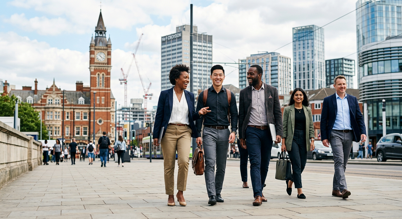 A dynamic, professional photo of a diverse group of people in modern business-casual attire, walking confidently with purpose against a blurred background of Croydon's skyline, including the iconic Croydon Clocktower. The mood should be energetic, optimistic, and professional.