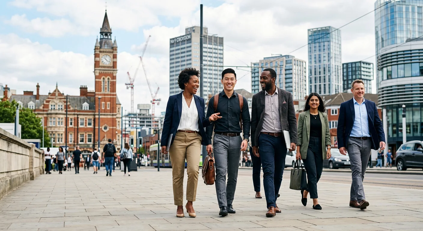 A dynamic, professional photo of a diverse group of people in modern business-casual attire, walking confidently with purpose against a blurred background of Croydon's skyline, including the iconic Croydon Clocktower. The mood should be energetic, optimistic, and professional.