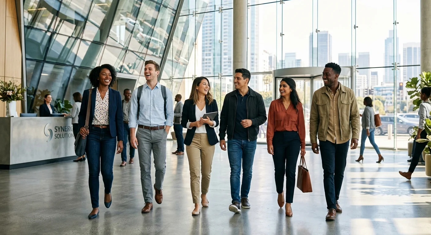 A diverse, confident group of young professionals in casual-smart attire, smiling and walking togeth... A diverse, confident group of young professionals in casual-smart attire, smiling and walking together through a modern cityscape or office lobby, symbolizing new career beginnings. Bright, optimistic lighting.