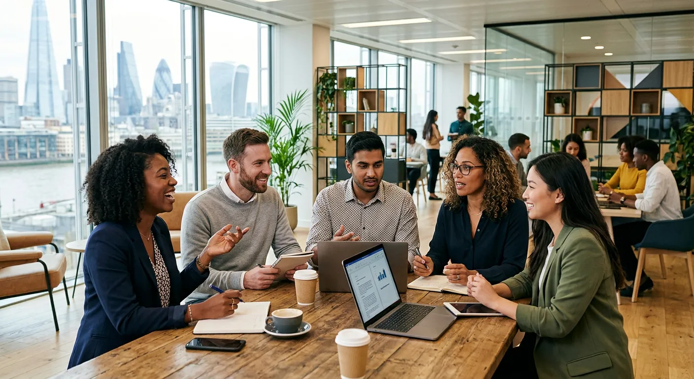 Professional hero image showing a diverse group of people in smart-casual attire, looking engaged and motivated, in a modern London office or co-working space backdrop, with natural light and a sense of energy and opportunity.