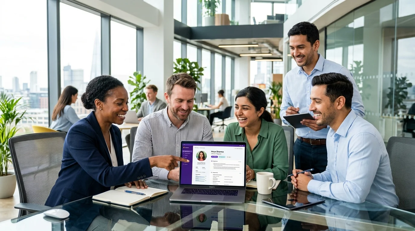A dynamic, professional hero image showing a diverse team of professionals in a modern office, collaborating and smiling. One person is pointing to a laptop screen displaying candidate profiles. Style: Bright, authentic, and aspirational. Mood: Collaborative, successful, and forward-thinking.