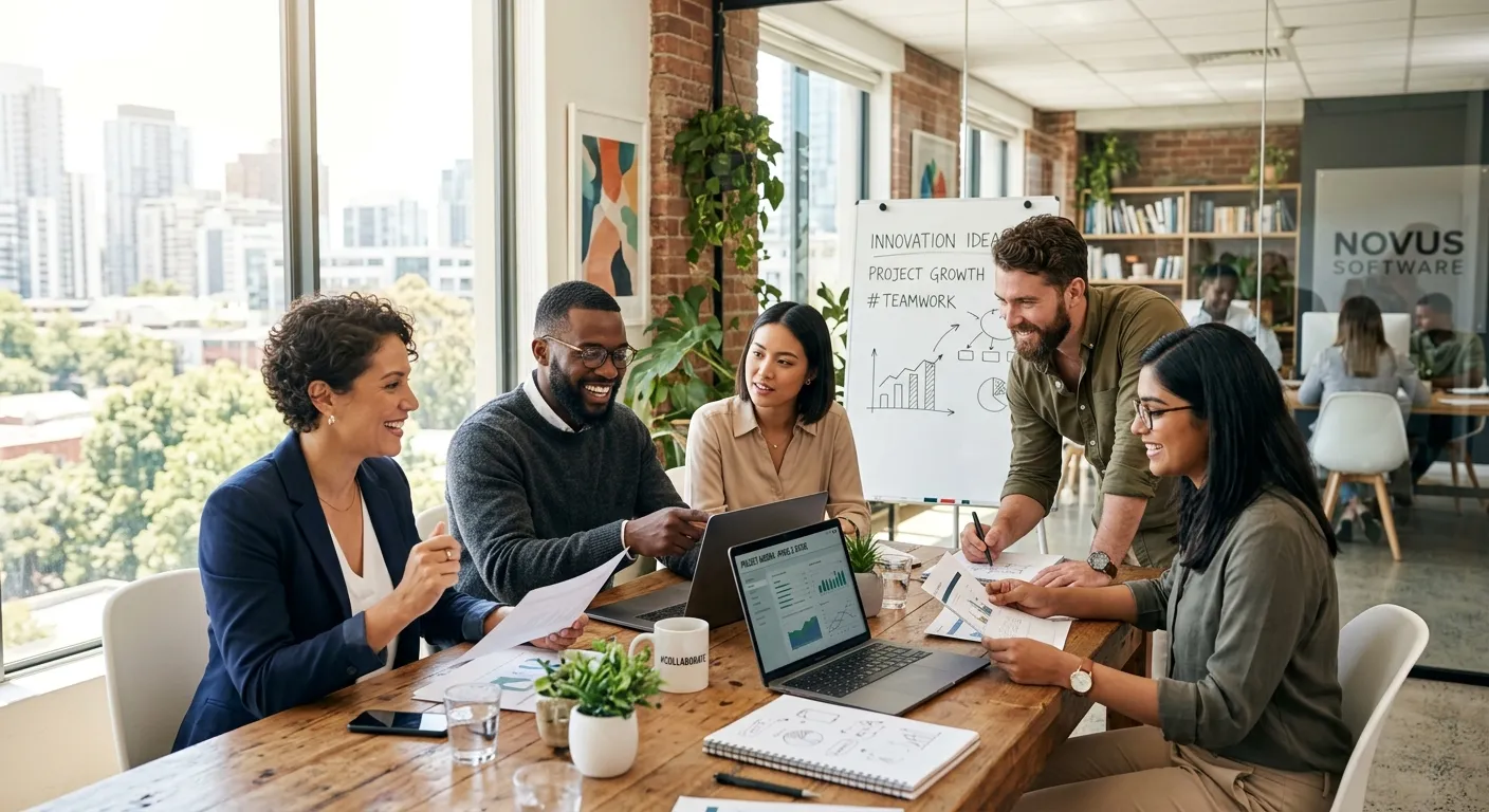 A modern, diverse team of professionals collaborating in a bright, sunlit office. The image should convey success, innovation, and teamwork, with a professional and aspirational mood.