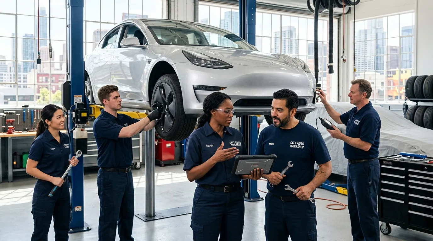 A professional, dynamic hero image showing a diverse team of automotive professionals working collaboratively in a modern garage or workshop setting in city, with a focus on action and productivity. Style: Professional recruitment photography, bright lighting, authentic expressions.