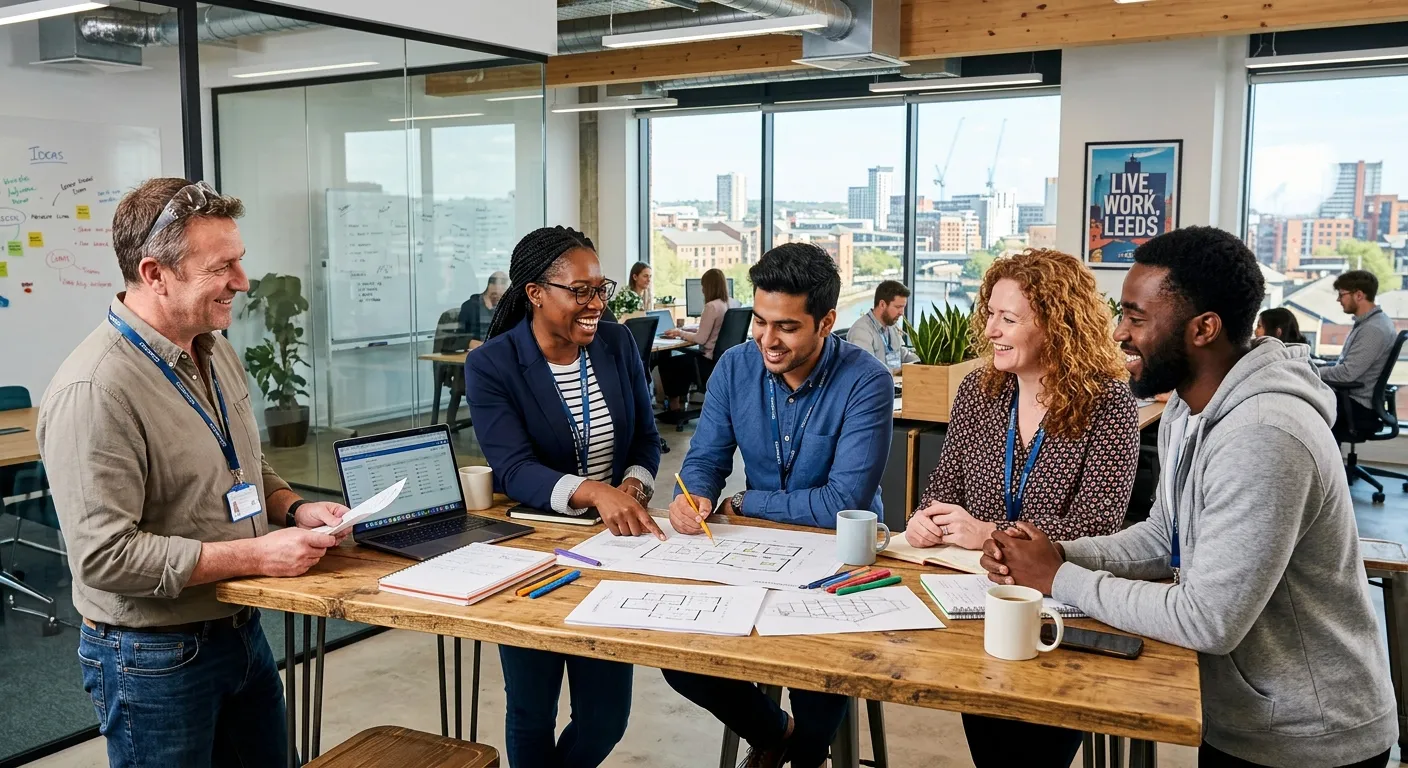 A professional, diverse group of workers in a modern Leeds office or light industrial setting, smiling and collaborating. The image should convey energy, reliability, and a positive work environment. Style: Bright, authentic, professional photography.