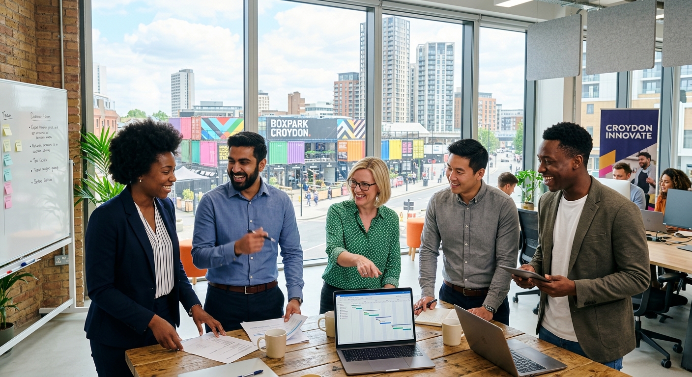 Professional, dynamic photo of a diverse group of people in business-casual attire smiling and collaborating in a modern Croydon office setting, with visible landmarks like Boxpark or the Croydon skyline through a window. Style is bright, optimistic, and professional.