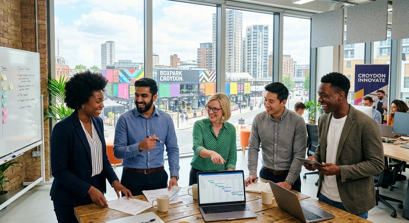 Professional, dynamic photo of a diverse group of people in business-casual attire smiling and collaborating in a modern Croydon office setting, with visible landmarks like Boxpark or the Croydon skyline through a window. Style is bright, optimistic, and professional.