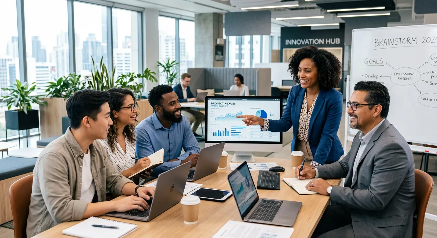 A modern, diverse group of professionals collaborating in a bright, open-plan office, looking engaged and productive. Style: professional stock photo, high contrast, vibrant but not garish. Mood: innovative, successful, and collaborative.