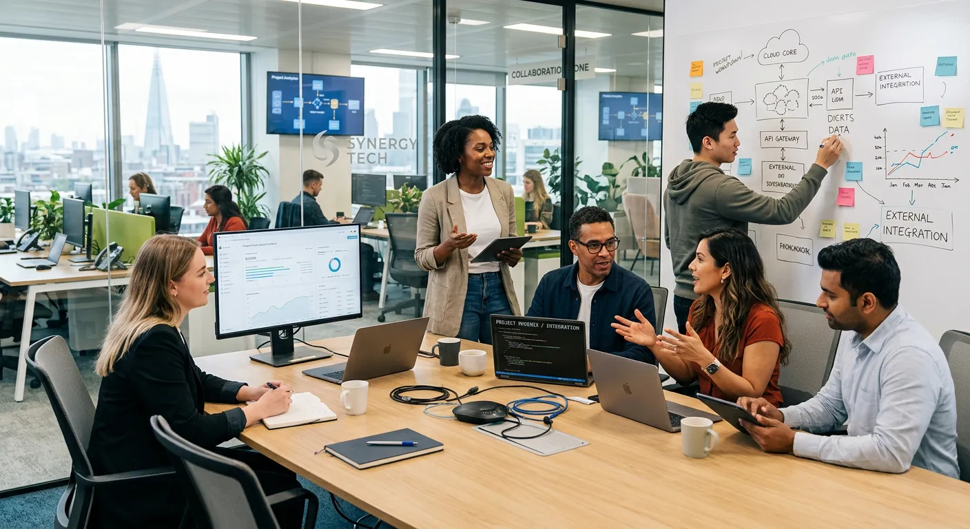 A modern, diverse team collaborating in a bright office environment, showcasing seamless integration of external and internal talent, with a focus on technology and teamwork.