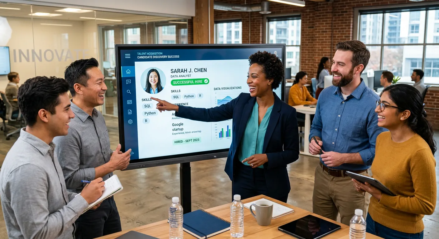 A dynamic, high-energy professional photo showing a diverse team of people collaborating in a modern office setting. A hiring manager is pointing to a candidate profile on a large digital screen, symbolising successful talent discovery. Style: Professional, vibrant, and aspirational. Mood: Confident, innovative, and productive.