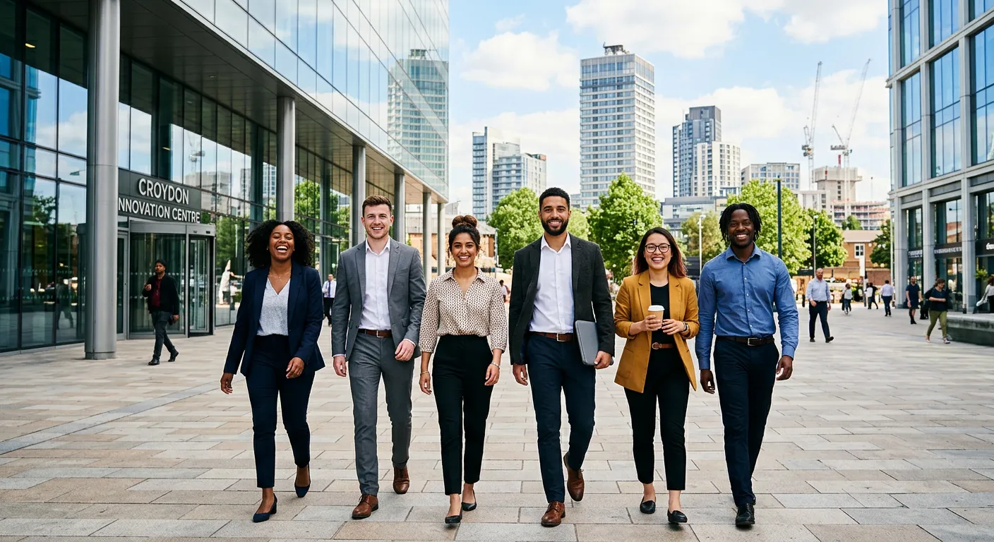 A dynamic, uplifting hero image showing a diverse group of young professionals smiling confidently outside a modern Croydon office building, with the Croydon skyline in the background. Style: Bright, aspirational, professional.