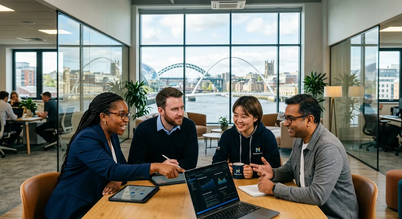 A professional, dynamic hero image showing a diverse team of IT professionals collaborating in a modern Newcastle office setting, with the Newcastle skyline visible through a window. Style: Bright, aspirational, and confident.