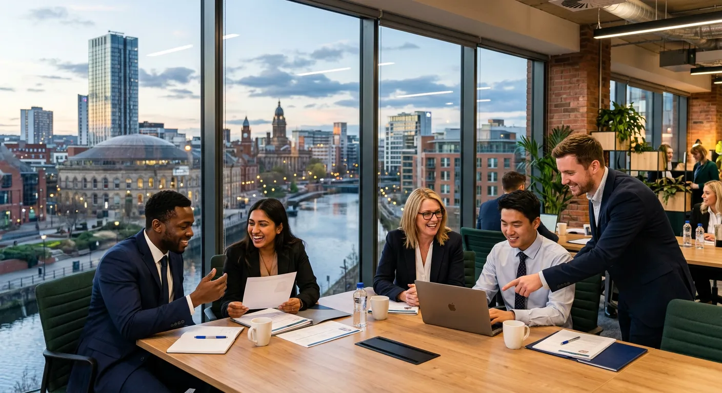 A professional, diverse group of recruitment consultants and candidates in a modern Leeds office setting, smiling and collaborating, with Leeds skyline visible through a window. Professional, trustworthy, and energetic mood.