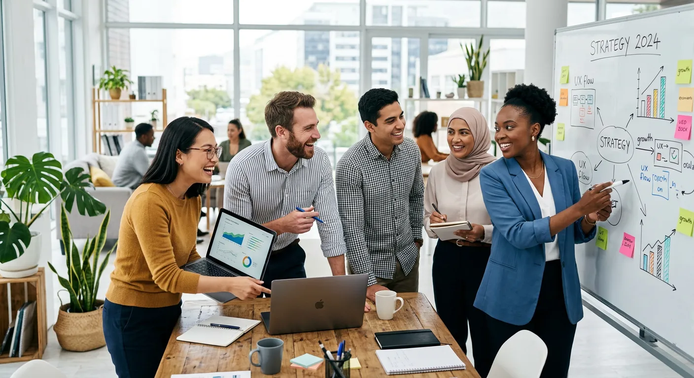 A diverse group of modern professionals collaborating in a bright, airy office environment. They are gathered around a laptop and whiteboard, smiling and engaged. Style: Professional, high-resolution business photography with a focus on teamwork and dynamic energy.