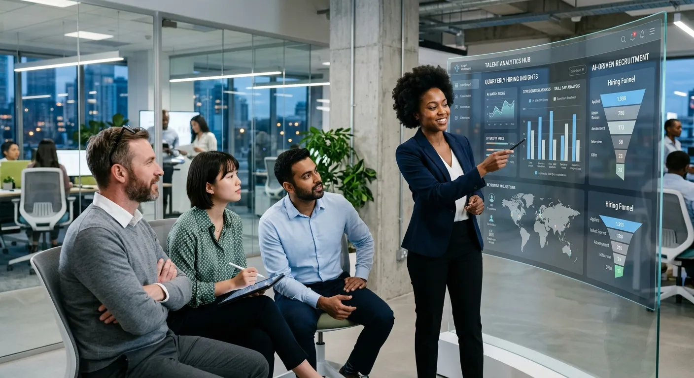 A dynamic, futuristic office setting with diverse professionals collaborating. A digital dashboard on a transparent screen shows candidate analytics and AI-powered metrics, symbolizing modern hiring.