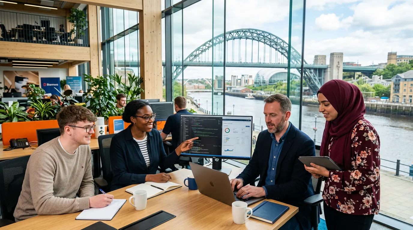 Professional hero image showing diverse IT professionals working collaboratively in a modern Newcastle office setting, with iconic city landmarks like the Tyne Bridge visible through a window. Style: Bright, professional, inclusive.