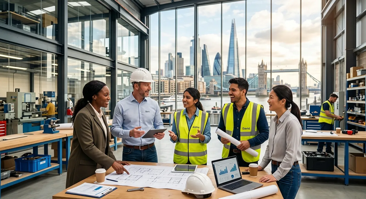 Professional hero image showing diverse team of workers in a modern industrial or commercial setting in city, smiling and collaborating, with city landmarks visible in background. Bright, optimistic lighting.