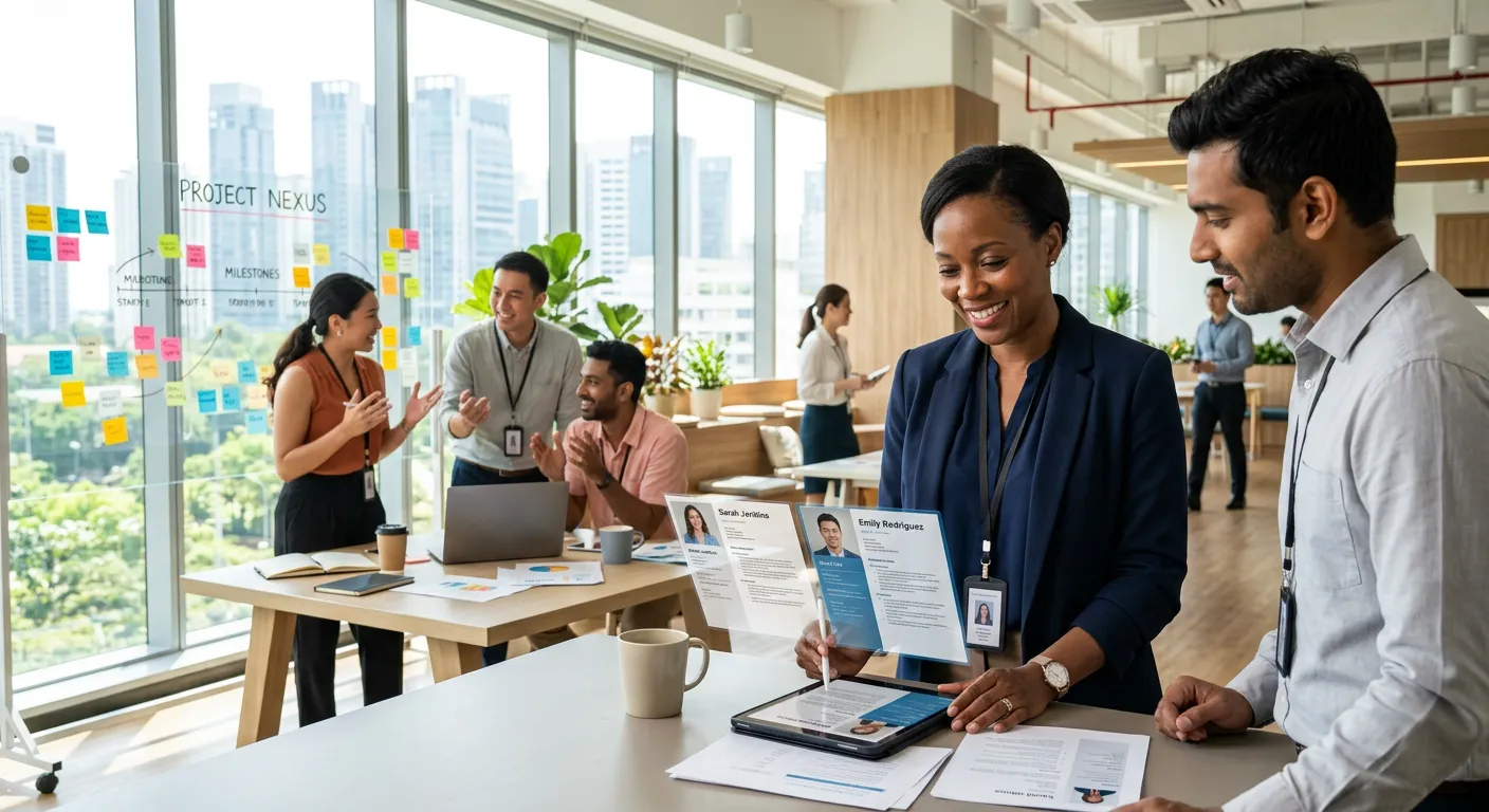 A diverse group of modern professionals collaborating in a bright, sunlit office. A manager is reviewing candidate profiles on a tablet, while team members discuss a project in the background. Style: Professional, vibrant, and optimistic. Mood: Dynamic, efficient, and forward-thinking.