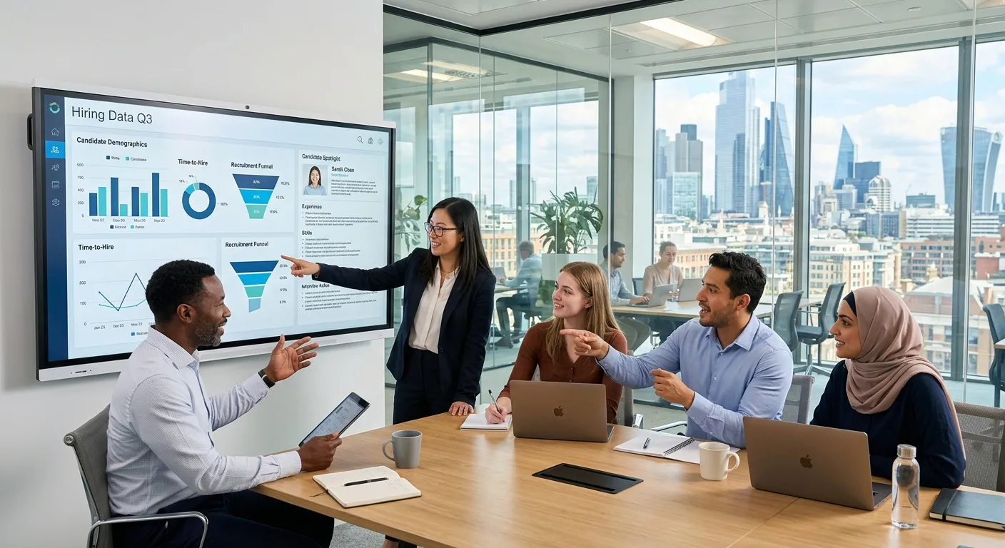 A professional, modern office environment in  showing a diverse team of HR consultants and hiring managers collaborating over data analytics and candidate profiles on large screens, with a cityscape visible through the window. Style: Professional, bright, collaborative mood.