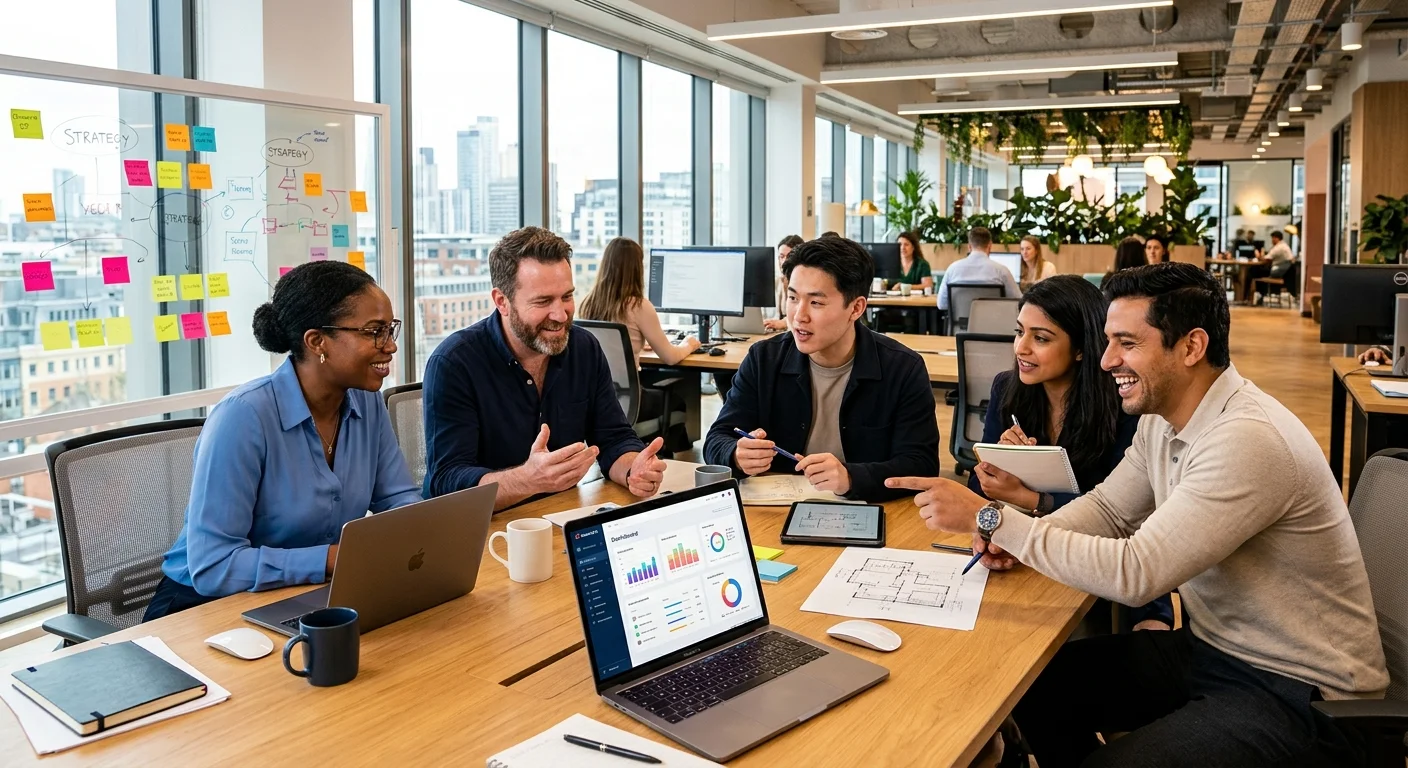 A modern, diverse team of professionals collaborating in a bright, open-plan office. Focus on teamwork, technology, and a dynamic, productive atmosphere. Style: Professional business photography, high contrast, vibrant.