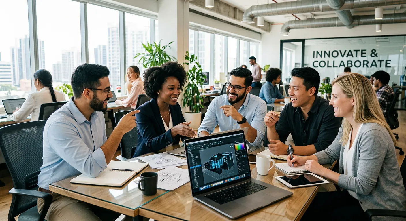 A modern, diverse team of professionals collaborating in a bright, open-plan office. Focus on expressions of engagement and innovation. Style: Professional corporate photography, high contrast, vibrant but natural colors.