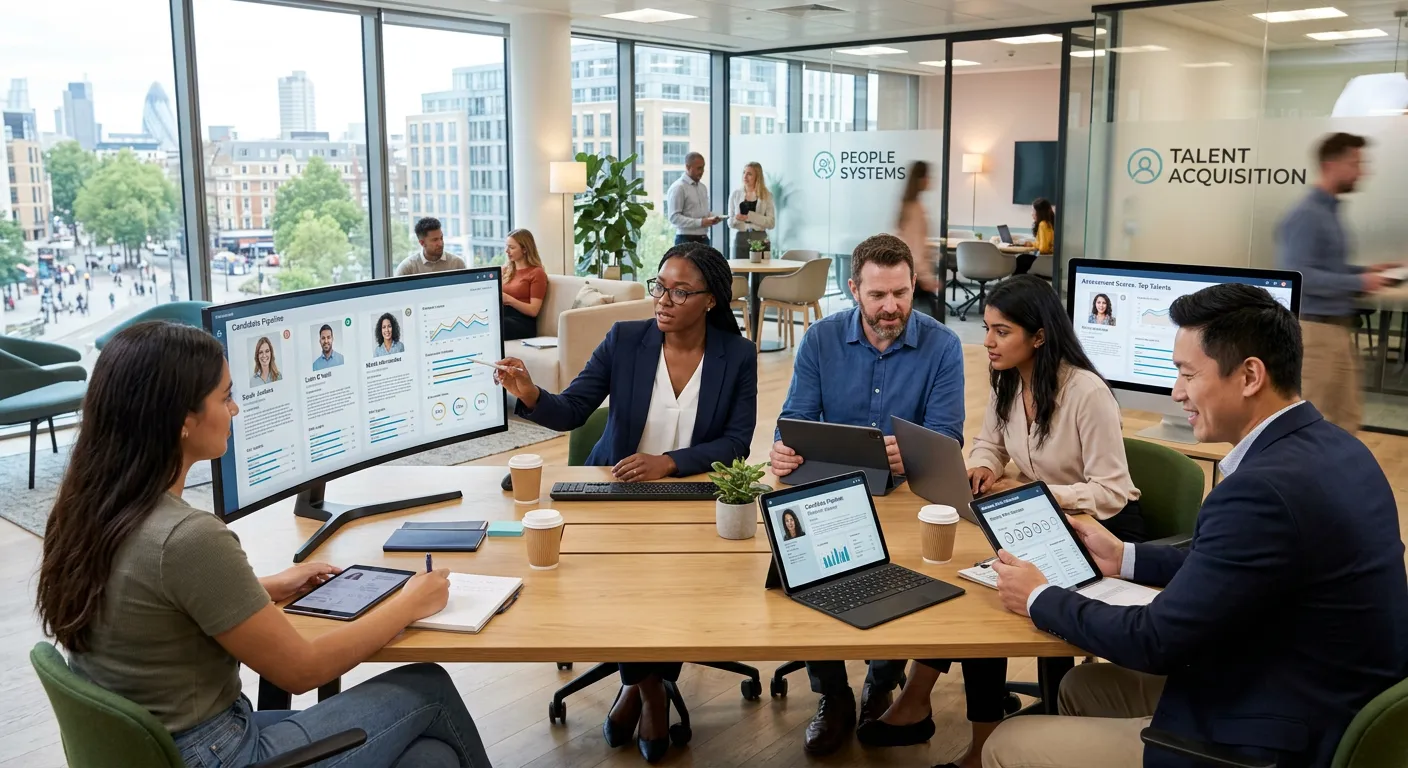 Modern, professional office setting with a diverse team of HR professionals reviewing candidate profiles on multiple digital screens and tablets, conveying efficiency and data-driven decision-making.