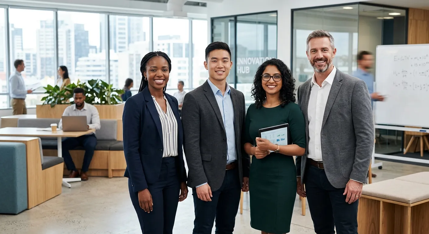 A diverse group of modern professionals in a bright, collaborative office setting, looking confidently at the camera. Style: Professional stock photo, high-resolution, bright and aspirational mood.