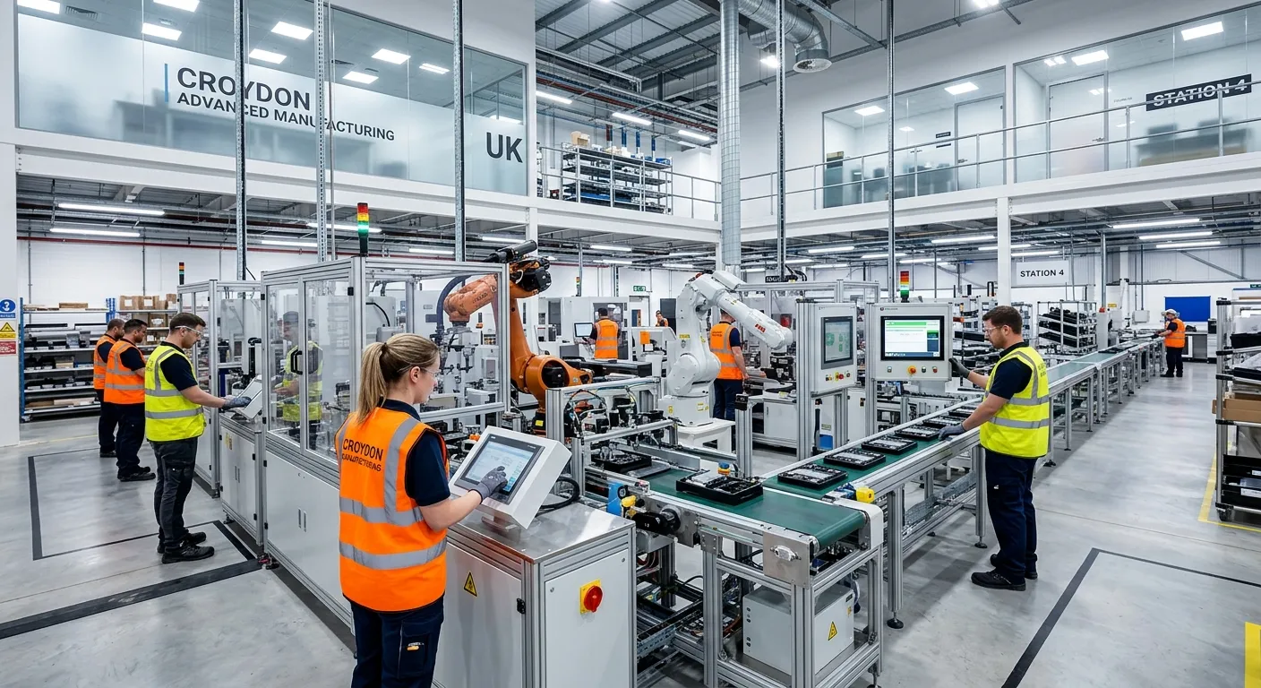 A dynamic, high-energy shot of a modern, clean manufacturing facility in Croydon. Technicians in high-visibility vests and safety gear are operating advanced machinery on a brightly lit production line, showcasing precision and industry. Style: Professional, inspiring, vibrant.