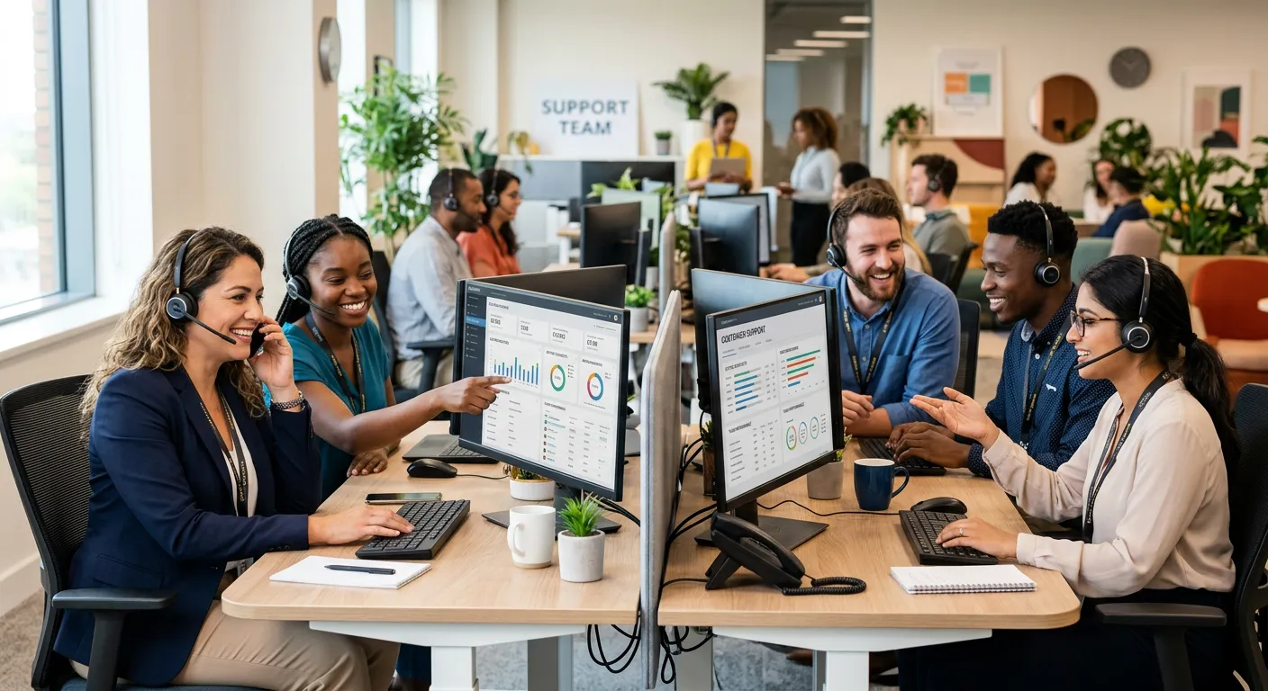 A diverse, professional team of customer service representatives in a modern call center or office, smiling and wearing headsets, with a focus on collaboration and technology. Professional, bright, and engaging mood.