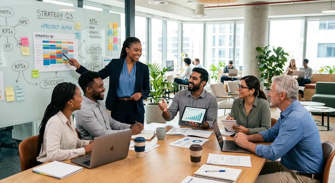 A modern, diverse team of professionals collaborating in a bright, open-plan office. The image conve... A modern, diverse team of professionals collaborating in a bright, open-plan office. The image conveys success, teamwork, and strategic planning, with a focus on positive interaction and a dynamic work environment.