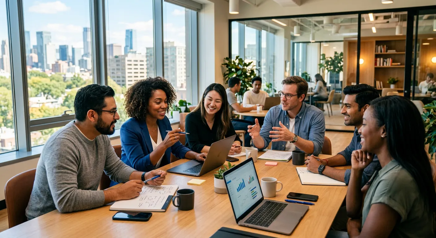 A diverse group of professional, engaged employees collaborating in a bright, modern office space. Style is professional, high-resolution, with warm, optimistic lighting. Focus on teamwork and positive interaction.