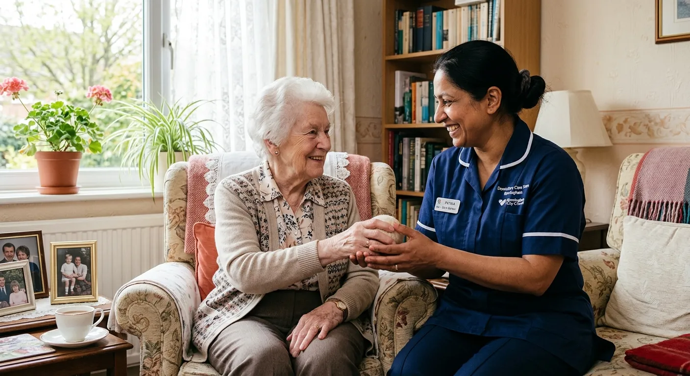 A compassionate Domiciliary Care Worker assisting an elderly client with a warm smile in a bright, t... A compassionate Domiciliary Care Worker assisting an elderly client with a warm smile in a bright, tidy home setting in Birmingham. Professional, authentic, and heartwarming mood.