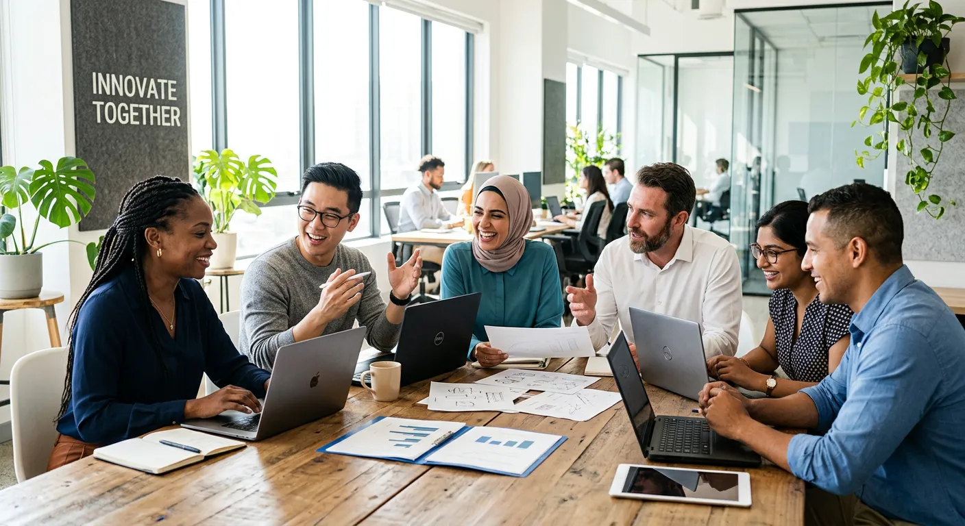 A diverse group of professional workers collaborating in a modern office environment, looking engage... A diverse group of professional workers collaborating in a modern office environment, looking engaged and competent, with a bright, optimistic mood and high-contrast lighting.