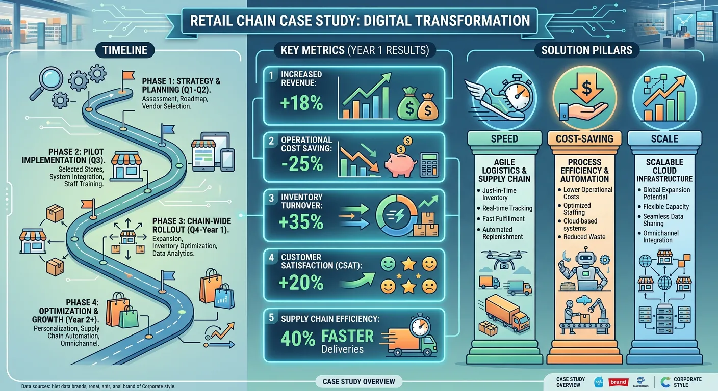 An infographic showing the timeline, key metrics, and solution pillars for the retail chain case stu... An infographic showing the timeline, key metrics, and solution pillars for the retail chain case study, with icons representing speed, cost-saving, and scale.