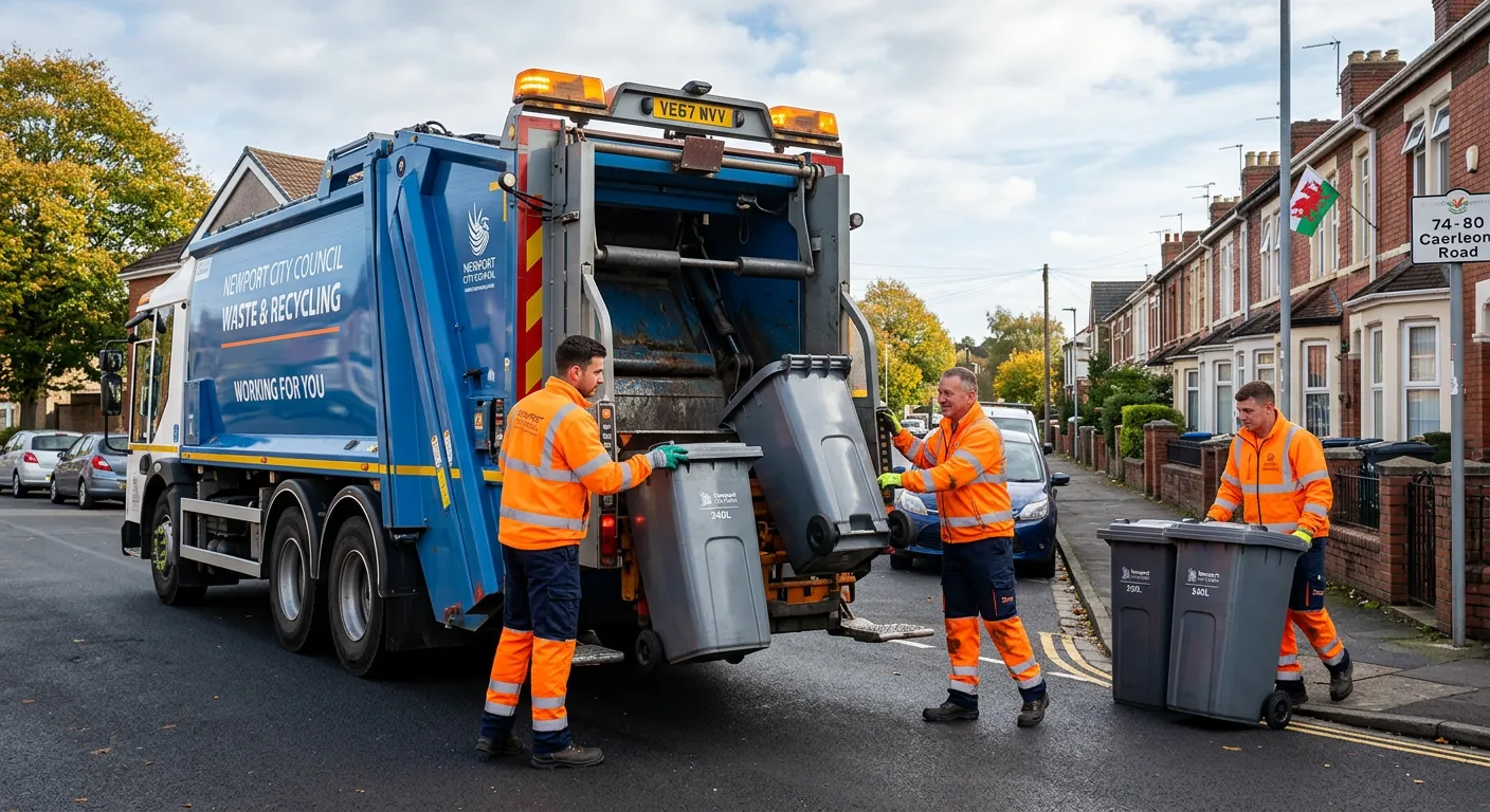 A professional, well-lit photograph of a team of refuse/waste operatives in high-visibility clothing... A professional, well-lit photograph of a team of refuse/waste operatives in high-visibility clothing safely loading a modern refuse collection vehicle on a residential street in Newport. The mood is professional, active, and community-focused.